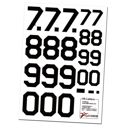 US-Zahlen und Buchstaben Aufkleber für Modellbau und Bastelprojekte, schwarze Schrift auf weißem Hintergrund, ideal für individuelle Designs und Beschriftungen.