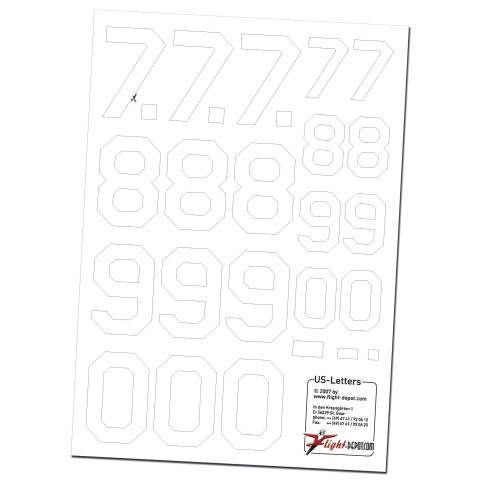 US Decals mit Zahlen und Buchstaben für Modellbau, geeignet für Bastelprojekte, auf einem Bogen mit verschiedenen Ziffern und Buchstaben.