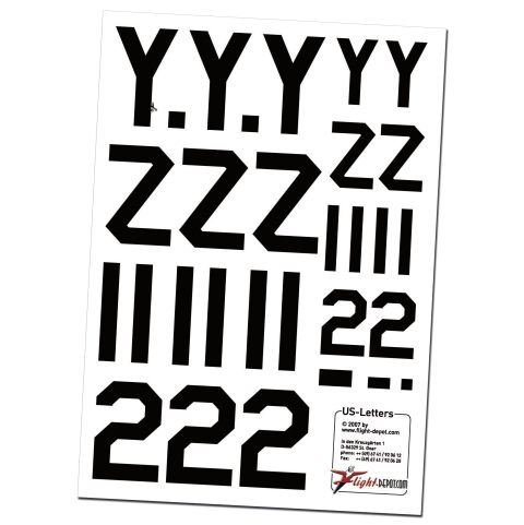 US Buchstaben Aufkleber Set für Modellbau und Bastelprojekte mit schwarzen Buchstaben und Zahlen auf weißem Hintergrund, ideal für individuelle Designs.