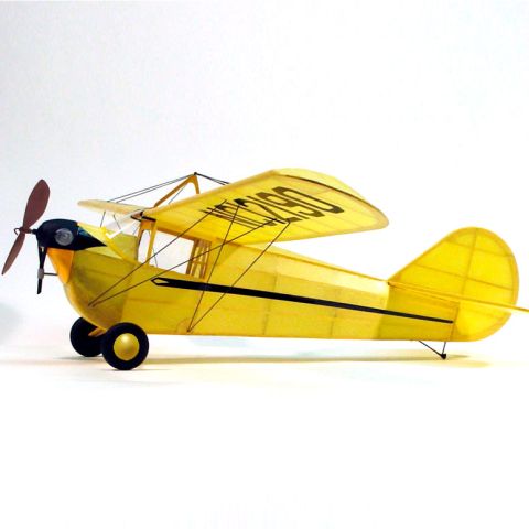 Dumas Gummimotorflugzeug in Gelb, Modellbau und Flugzeugdesign, detailreiche Ansicht des Modells mit zwei Tragflächen und Propeller.