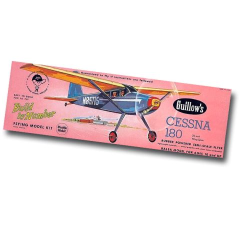 Bausatz für das Gummimotorflugzeug Guillow's Cessna 180, ideal für Modellbau-Enthusiasten ab 10 Jahren. Verpackung mit farbenfrohem Design und detaillierten Anweisungen.