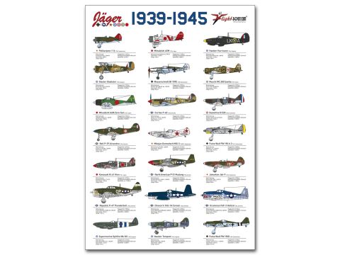Luftfahrtposter mit 21 Jagdflugzeugen aus dem Zweiten Weltkrieg