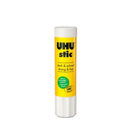 UHU Stic Klebestift in gelber Verpackung, stark und schnell, lösungsmittelfrei, ideal für Bastel- und Schulprojekte.