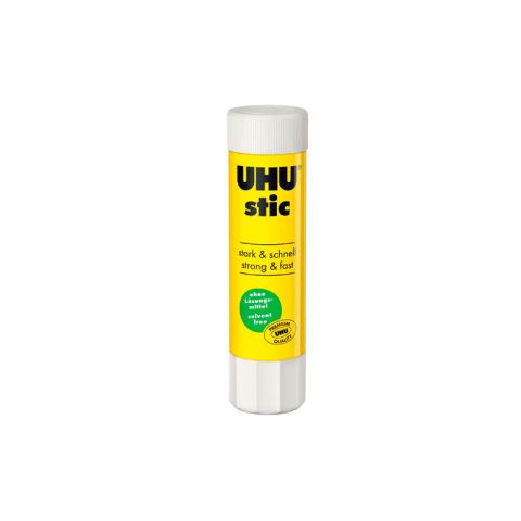 UHU Stic Klebestift in gelber Verpackung, stark und schnell, lösungsmittelfrei, ideal für Bastel- und Büroarbeiten.